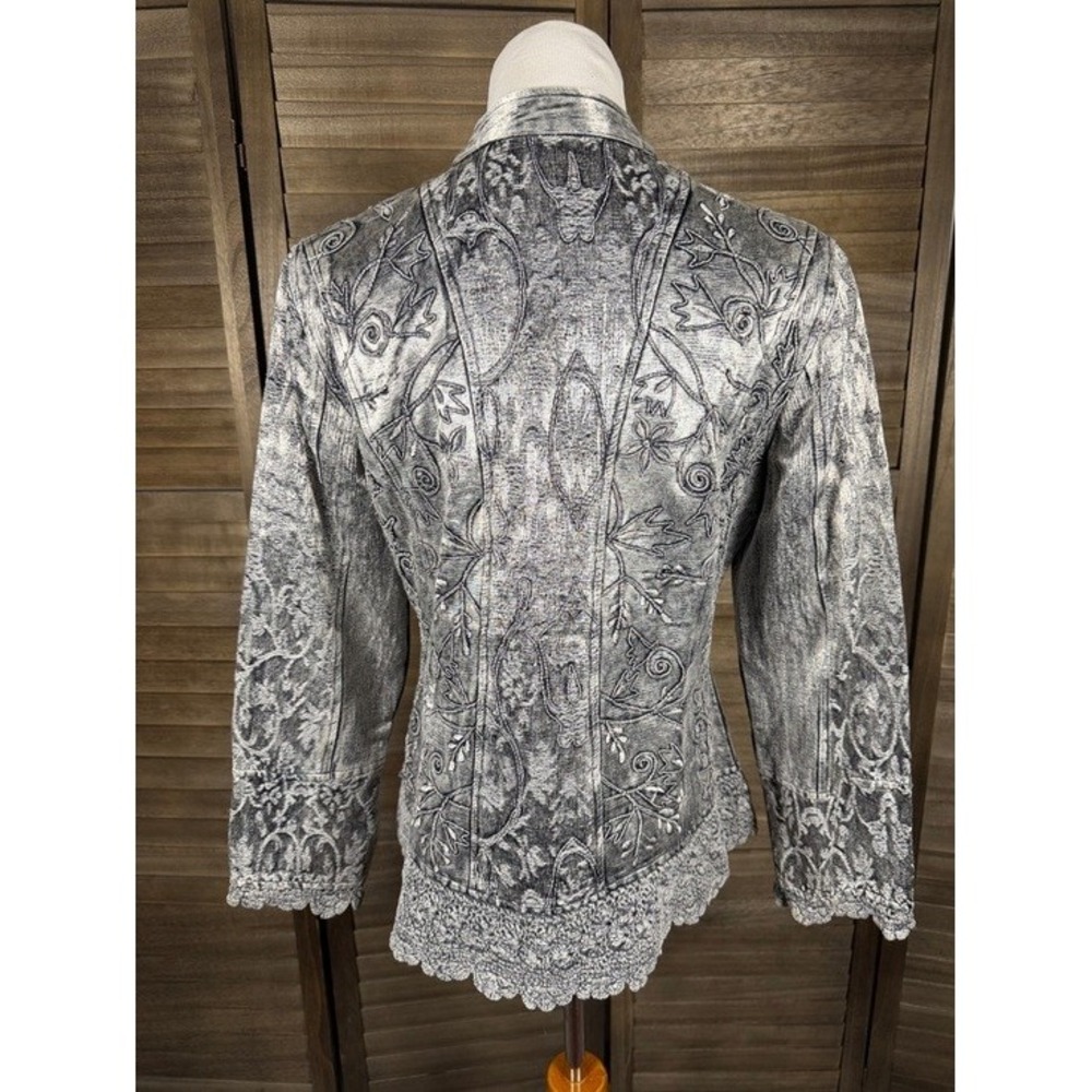 Flashback Gray Acid Wash Embroidered Floral Crochet Lace Trim Jacket Women Small - Picture 6 of 9